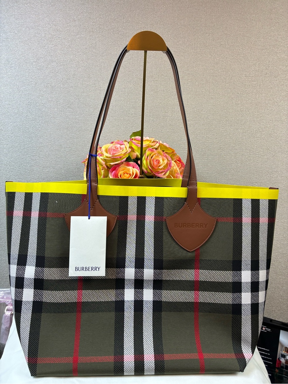Burberry Large Giant IP Loch Check Canvas Tote w/ Yellow Trim - NWT $2050 Retail